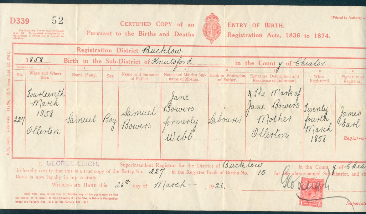 sam bowers birth cert